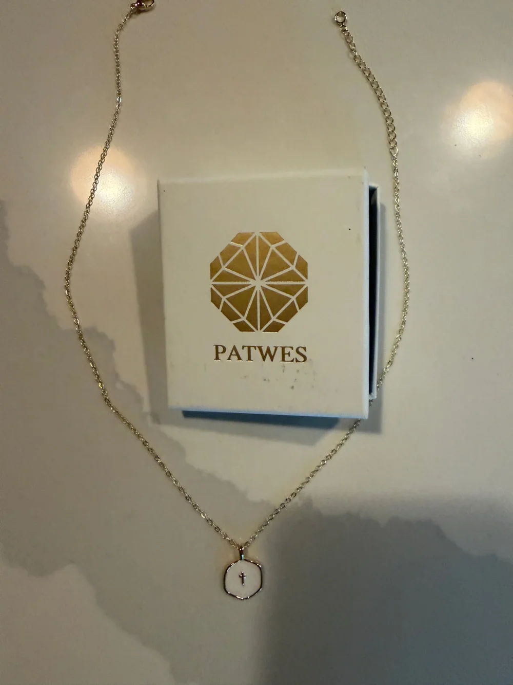 Gold Hexagon Pendant Necklace with White Inlay